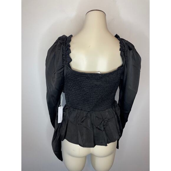 Six/Fifty Women's Size Small Satin Keyhole Blouse Black Ruched Peplum Top - Picture 6 of 11